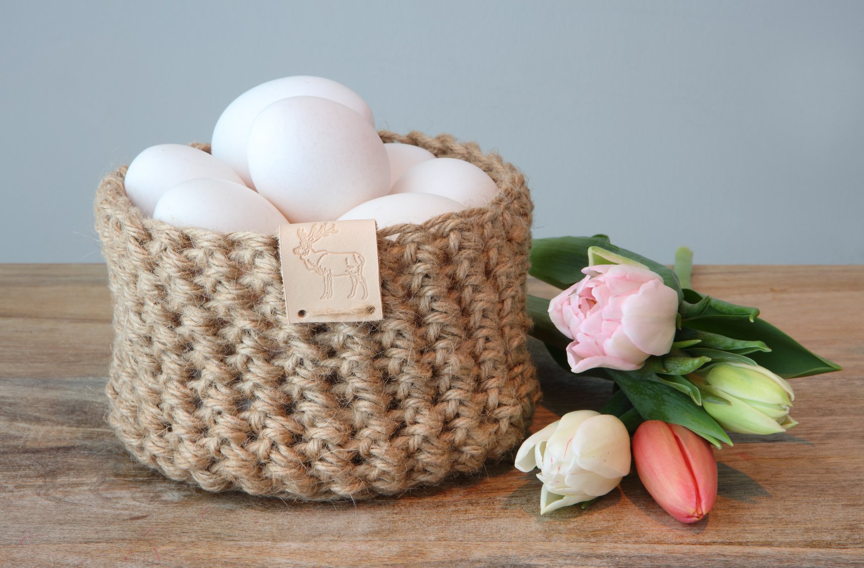 Eggs In Homemade Jute Crochet Basket With Tulips